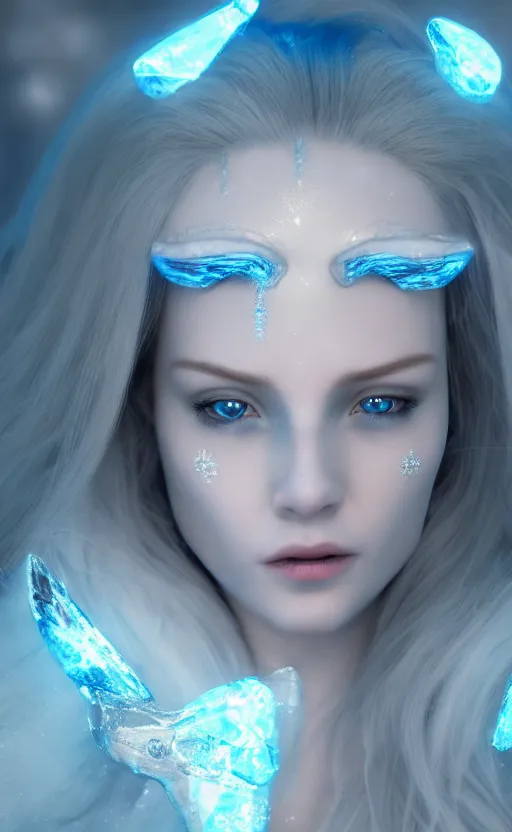 Image similar to ice goddess with beautiful face with a glowing blue crystal on her forehead, frosty white eyes, winter mist around her, white plated armor, pale skin, white smoke, photorealism, octane render, frostbite, 8 k, cinematic, 3 5 mm