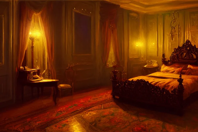 Image similar to an ornate victorian bedroom at night. 1 8 9 0, key visual, conceptart, low candlelight, highly detailed, digital painting, artstation, concept art, sharp focus, by makoto shinkai and akihiko yoshida and greg manchess