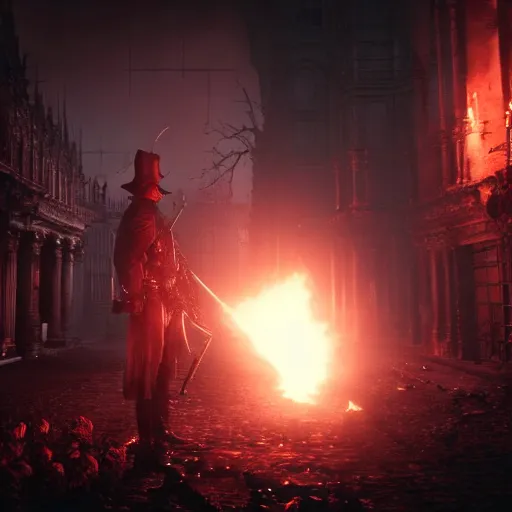 Image similar to looking down rifle in bloodborne first person shooter, close focus, dark, fire in background, hyperrealistic, 4 k