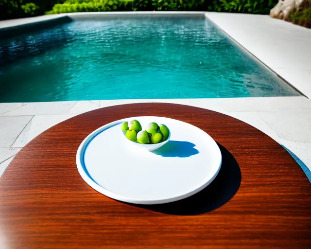 Prompt: 5 5 mm photo of white wine glass on a zen minimalist round white table with gorgeous pool in the background. highly detailed 8 k. intricate. lifelike. soft light,