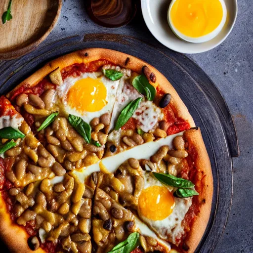 Prompt: pizza with beans and raw egg yolk, food photography