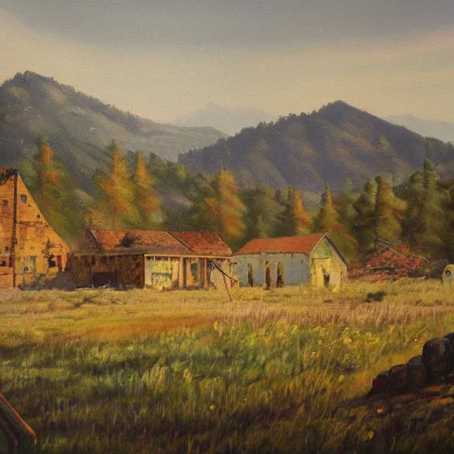 Prompt: a beautiful painting of an abandoned town in the middle of nowhere, oil painting, detailed.