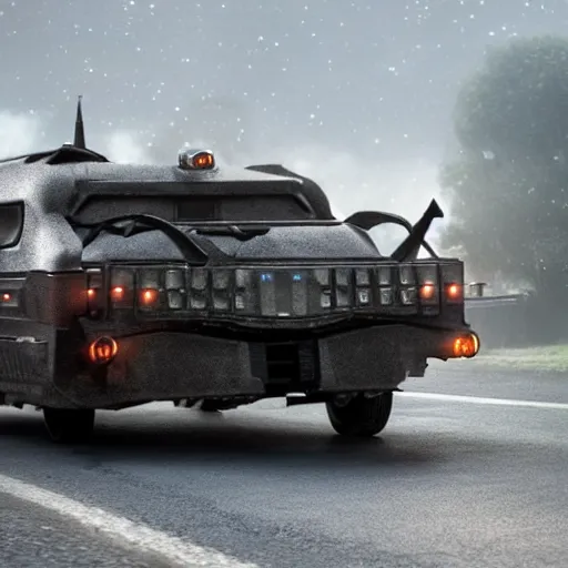 Prompt: an armored battle hearse driving on a road at night