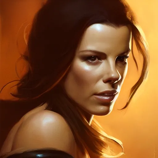 Prompt: closeup portrait of a kate beckinsale, seductive smile, soldier, army chiaroscuro, evil dead,, golden hour, dramatic lighting, complementary contrast, high detail, painted by greg rutkowski, painted by igor kieryluk, trending on artstation