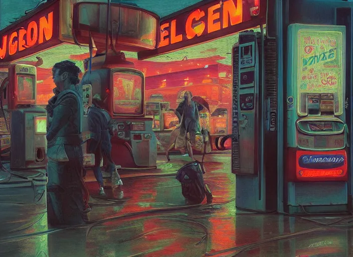 Image similar to people exterior gas station, cyberpunk neon ads, in the style of jeremy enecio, intricate, miles johnston, monet, cynical realism, john william godward, painterly, yoshitaka amano, miles johnston, louise zhang, pekka halonen, finnish naturalism, realism