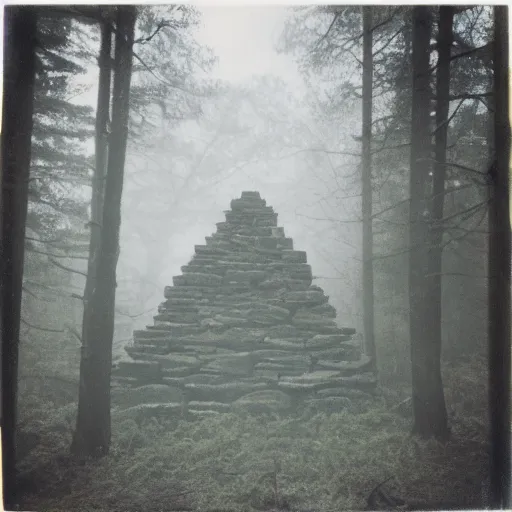 Image similar to a stone pyramid in the middle of a forest clearing, foggy, eerie, creepy, unsettling, lost footage, old polaroid, expired film,