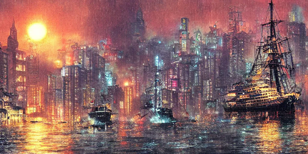 Image similar to cruiser sailing on flooded miniature kowloon city at night, raining, misty, art by yoshitaka amano, and artgerm, pixel art