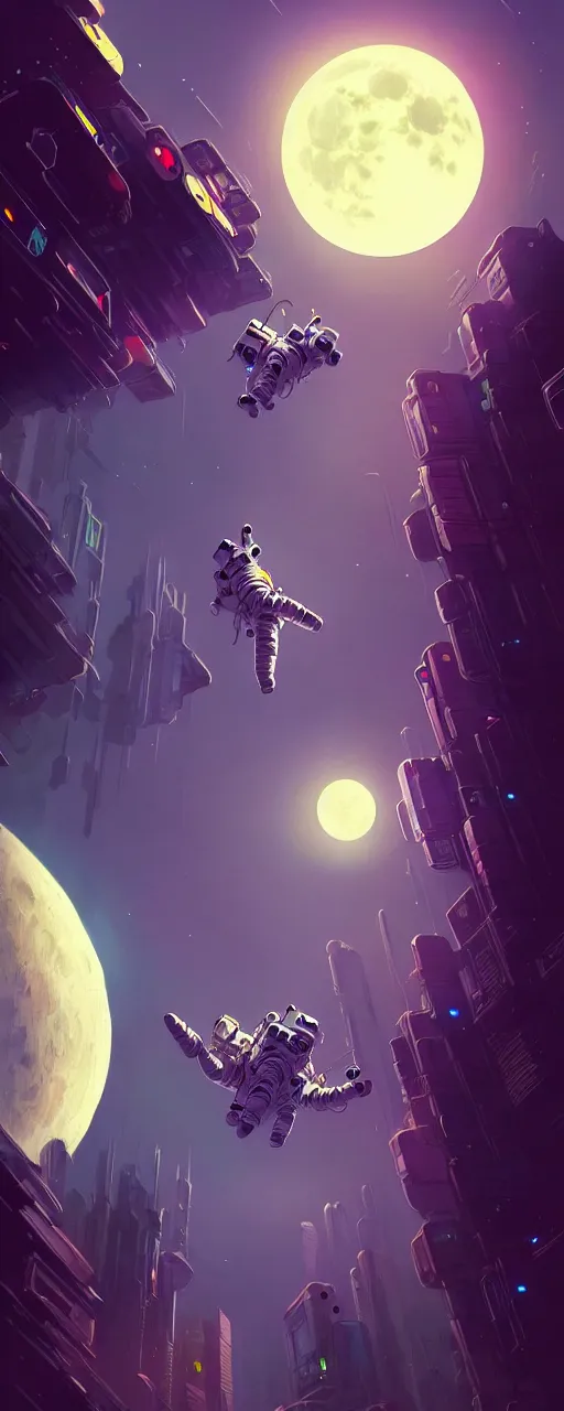 Image similar to A picture of an astronaut floating upside down close to the camera in a cyberpunk surreal city with a full moon by Jordan Grimmer, Jean Giraud and Neil Blevins trending on artstation