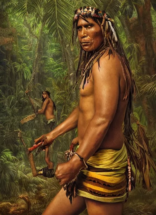 Prompt: a beautiful portrait of an indigenous man taking rapé in the jungle, taking tobacco snuff, fantasy art, matte painting, highly detailed