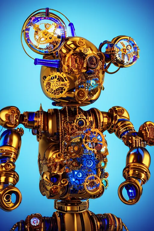 Image similar to photo of a smiling golden and blue metal steampunk robothead covered with multicolored tubes and gears, eyes are glowing red lightbulbs, arms are music instruments, shiny crisp finish, 3 d render, 8 k, insaneley detailed, fluorescent colors, background is holographic patterns