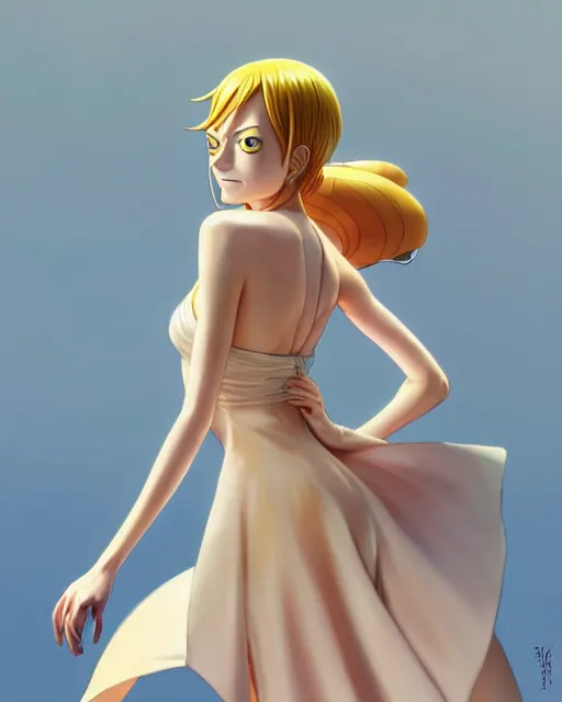 Image similar to emma stone as nami from one piece, simple cream dress, detailed perfect face, mid view, by artgerm, by studio muti, greg rutkowski makoto shinkai takashi takeuchi studio ghibli