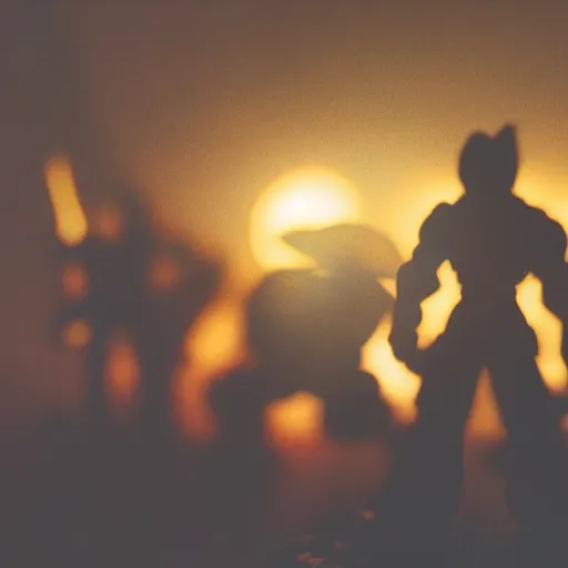 Image similar to a 2 8 mm macro photo of league of legends in silhouette in the 1 9 7 0 s, bokeh, canon 5 0 mm, cinematic lighting, dramatic, film, photography, golden hour, depth of field, award - winning, 3 5 mm film grain, low angle