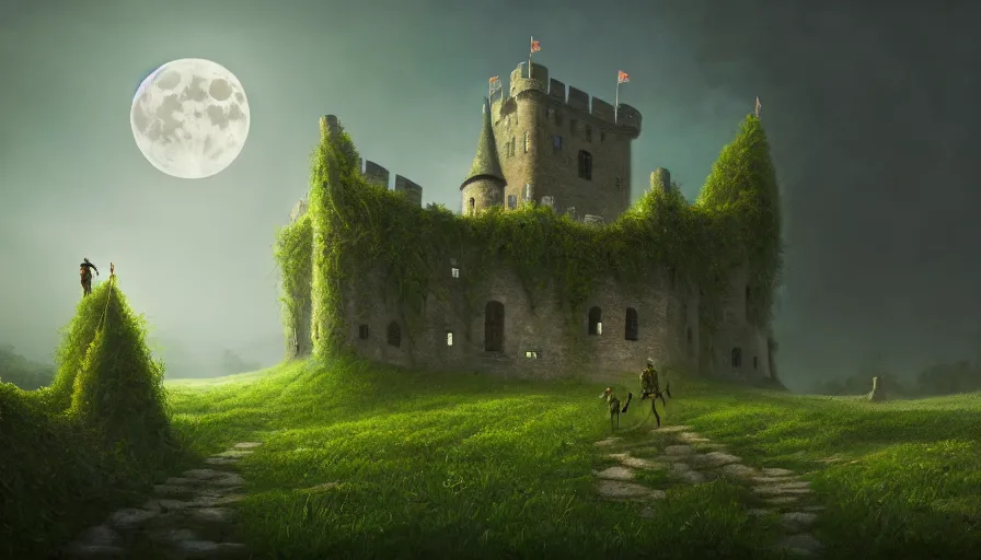 Image similar to a castle with legs walking, vines, forest, hyperrealistic, highly detailed, cinematic, single ray of moon, dark sky, beautiful, cgssociety, artstation, 8 k, oil painting