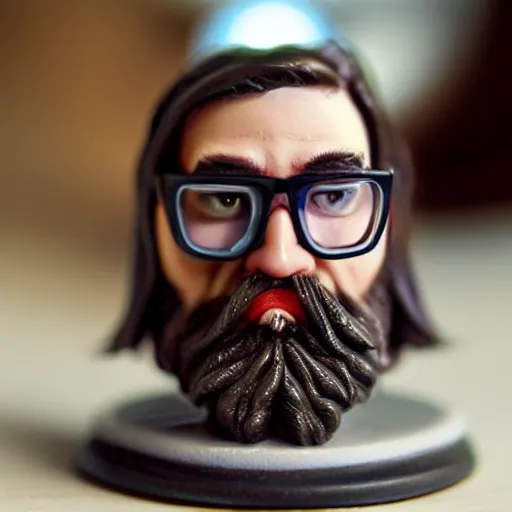 Prompt: a plastic gaming miniature of a grumpy gen x - er in glasses and beard, creative, beautiful, award winning design, functional, trending on artstation