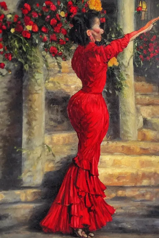 Image similar to vintage detailed oil painting of spanish flamenco dancer in mallorca wearing a red dress made of flowers, dimly lit by candles on the ground, looking away, dark shadows, photo realistic, extreme detail skin, no filter, slr, 4 k, high definition