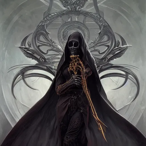 Prompt: the grim reaper, dark fantasy, intricate, huge elaborate scythe, elegant, highly detailed, digital painting, artstation, concept art, wallpaper, smooth, sharp focus, illustration, art by artgerm and greg rutkowski and alphonse mucha