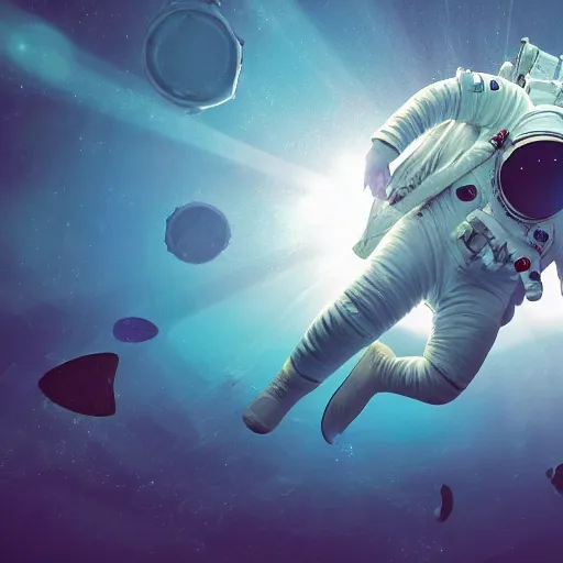 Prompt: an astronaut floating in the middle of deep underwater being hit by sun rays, trending on art station, atmosphere, concept art, photorealistic, high detailed