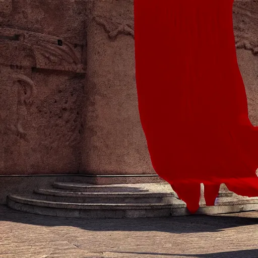 Image similar to a roman statue covered by red cloth that's blowing in the wind, digital art, concept art, cloth simulation with houdini, octane, redshift, 8 k