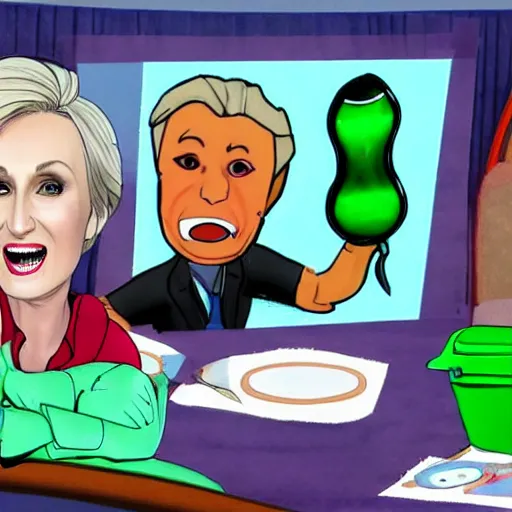 Image similar to john voight pranking jane lynch, green slime bucket, throwing slime at her, jane lunch is furious, steam coming out her ears, john voight is giddy, ps 2 graphics, water colour style