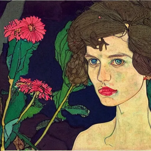 Image similar to a lot of flowers morphing in a beautiful girls face, film still by wes anderson, depicted by schiele, limited color palette, very intricate, art nouveau, highly detailed, lights by hopper, soft pastel colors, minimalist