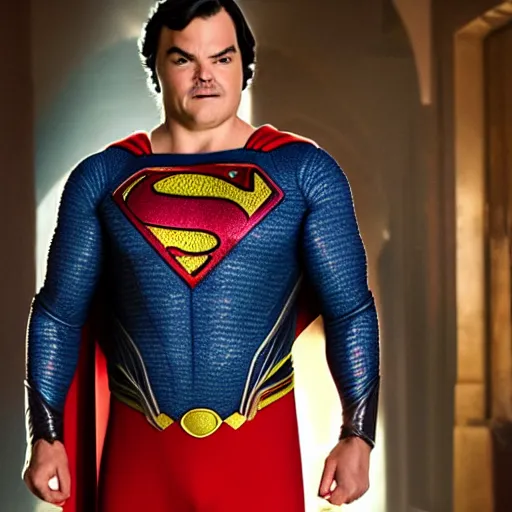 Prompt: jack black starring as superman, movie still, 8 k