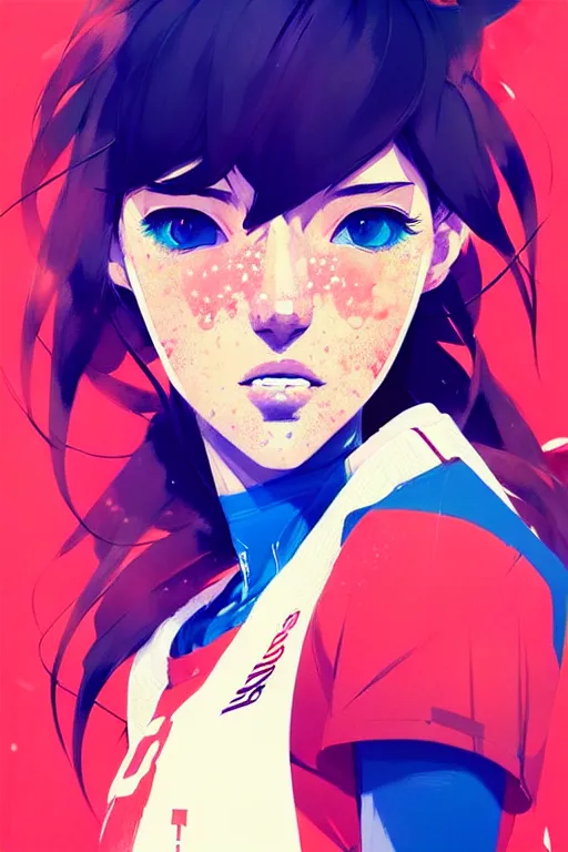 Prompt: a ultradetailed beautiful panting of a stylish girl in a basketball jersey, by conrad roset, greg rutkowski and makoto shinkai, trending on artstation