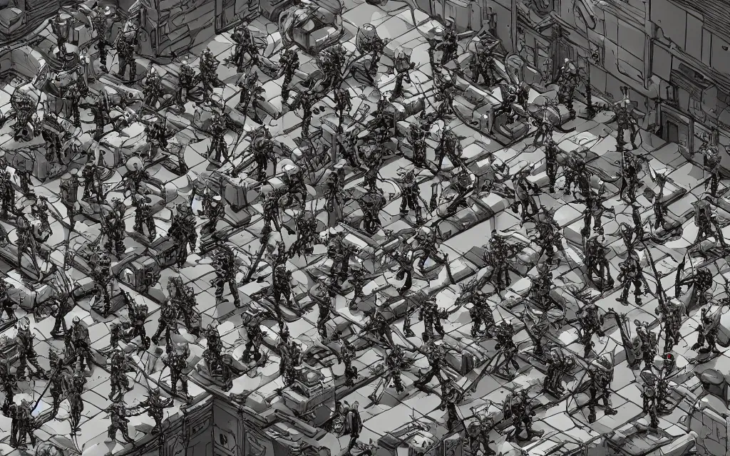 Image similar to an army of cyborg steampunk soldiers besieging a megastructure by Moebius, 4k resolution, detailed, trending on artstation