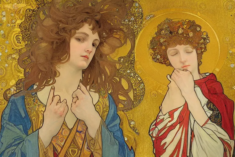 Image similar to the annunciation oil painting cross between the styles of alphonse mucha and gustav klimt gold leaf, intricate detailed,