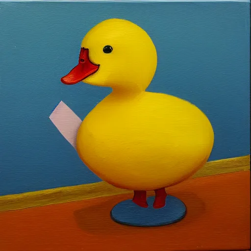 Prompt: yellow duck holding a knife, oil painting