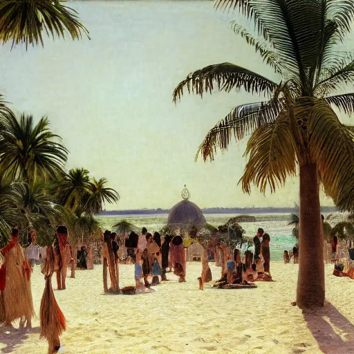 Image similar to a ultradetailed beautiful photo of hundreds of people in the amazonas palace designed by jules bastien - lepage, hans belmer, frank weston and gustave baumann, beach, trending on artstation, mediterranean, palm trees, light sparkles, sharp focus, soft light, 8 k 4 k