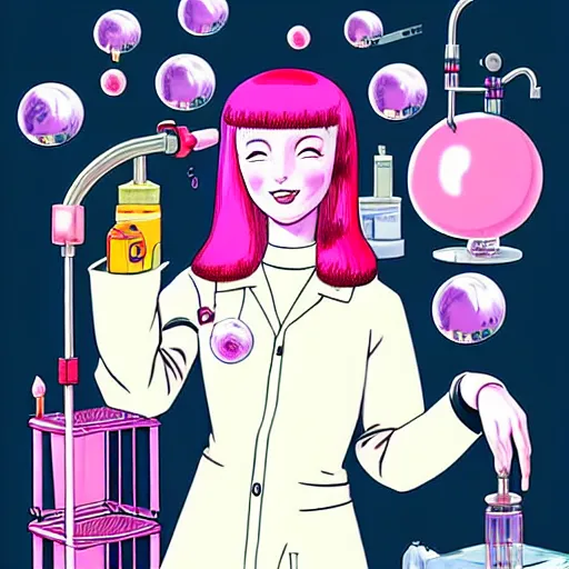 Image similar to realistic retro colored illustration of princess bubblegum by junji ito, with pink hair made of bubblegum, confident scientist performing experiments in her lab, dark retro pulp sci - fi