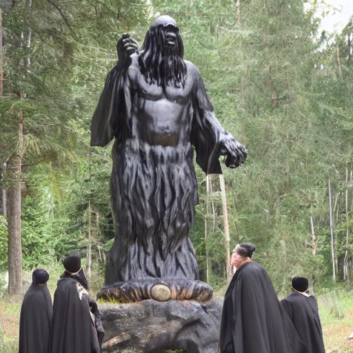 Image similar to black robed group of occultist worshipping a bigfoot statue