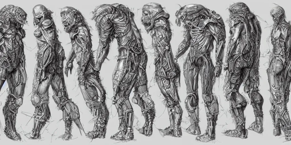 Image similar to highly detailed character sheet, expressive features, technical drawing, side view, human game protagonist designs, side - scrolling 2 d platformer, art by h. r. giger, kim jung gi and burne hogarth
