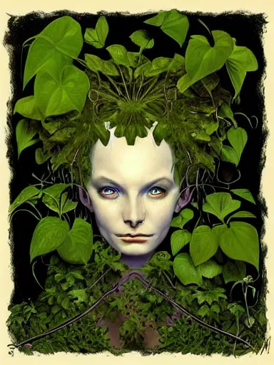 Image similar to The Hanging-Gardens of Pareidolia, lobelia, ivy, verbena and pothos growing facial features and optical-illusions, aesthetic!!!!!!!!!!, by Chris Tulloch McCabe in the style of Gerald Brom,