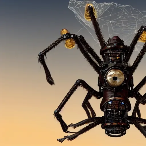 Image similar to a steampunk spider wearing a top hat, 8 k, unreal engine 6, hyper detailed, highly coherent,