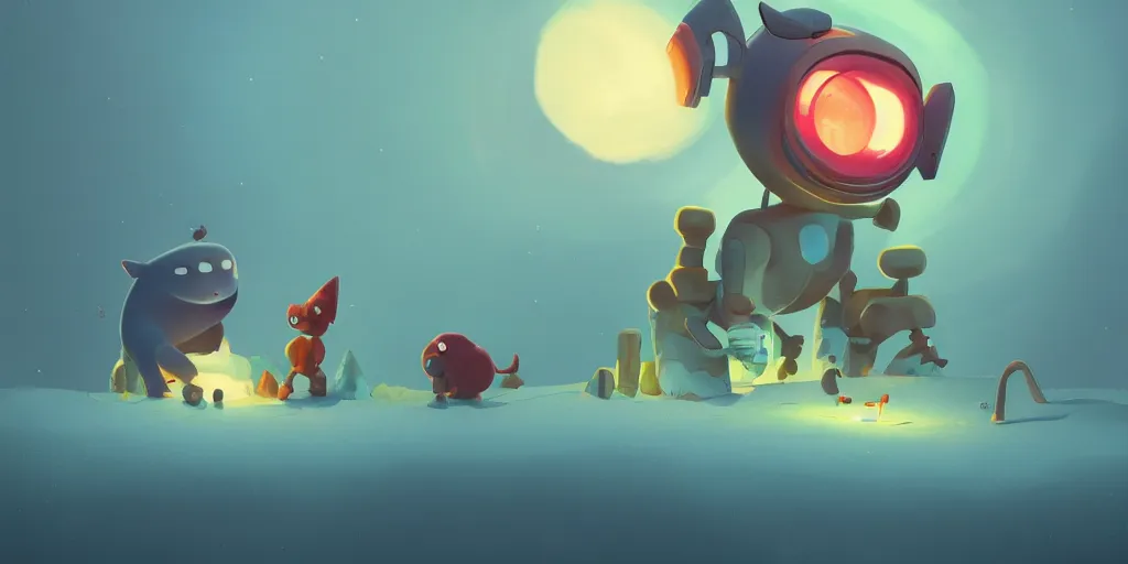 Image similar to cute cartoon monsters and Aurora borealis by Goro Fujita and Simon Stalenhag , 8k, trending on artstation, hyper detailed, cinematic