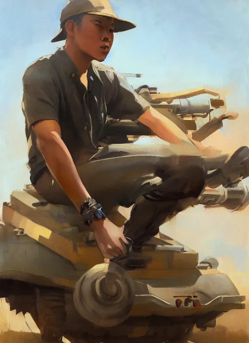 Image similar to greg manchess portrait of a filipino young man sitting on a tank, asymmetrical, profile picture, organic painting, sunny day, matte painting, bold shapes, hard edges, street art, trending on artstation, by huang guangjian, gil elvgren, ruan jia, randy vargas, greg rutkowski