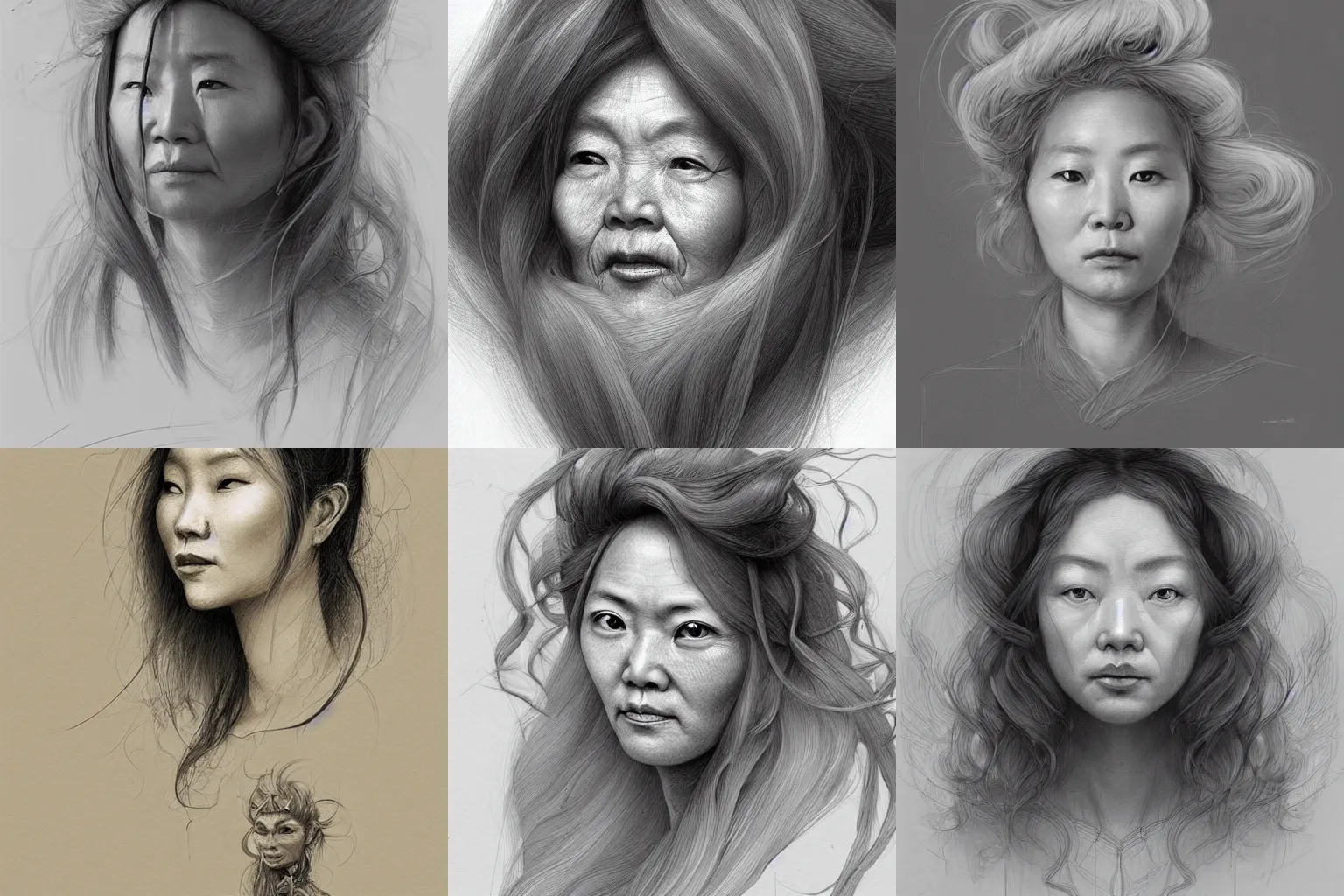 Prompt: a beautiful hyperrealistic portrait pencil sketch from a picture, of a Chinese old woman by Peter Mohrbacher, technical drawing, long fluffy blond curly hair, blueprint diagram, trending on artstation.