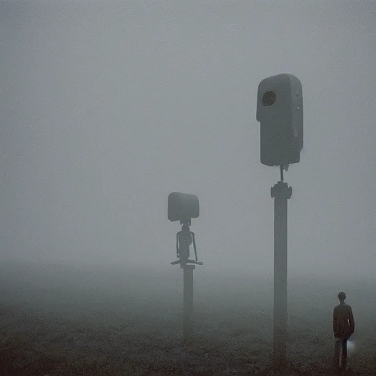 Image similar to a sole lanky liminal observer droid by dennis mejillones, in a brutalist yet rural landscape by simon stalenhag, 3 5 mm film photography, dawn, eerie fog