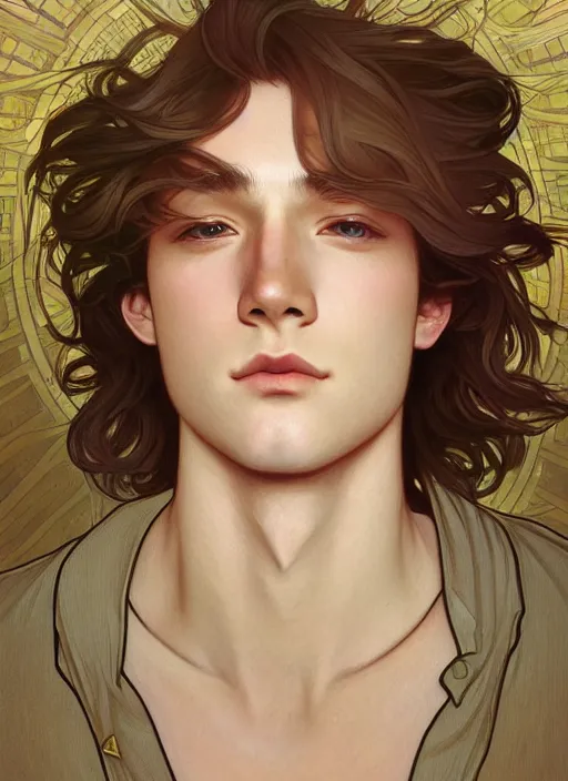 Image similar to pretty young man with shoulder length shiny shimmering golden blond hair, path traced, highly detailed, high quality, digital painting, by studio ghibli and alphonse mucha, leesha hannigan, disney