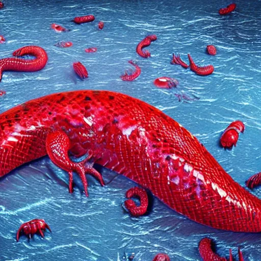 Prompt: a large slimy monster a with very long slimy tongue, dripping saliva, macro photo, fangs, red glowing skin, skin with scales, cinematic, tiny glowbugs everywhere, standing in shallow water, insanely detailed, dramatic lighting