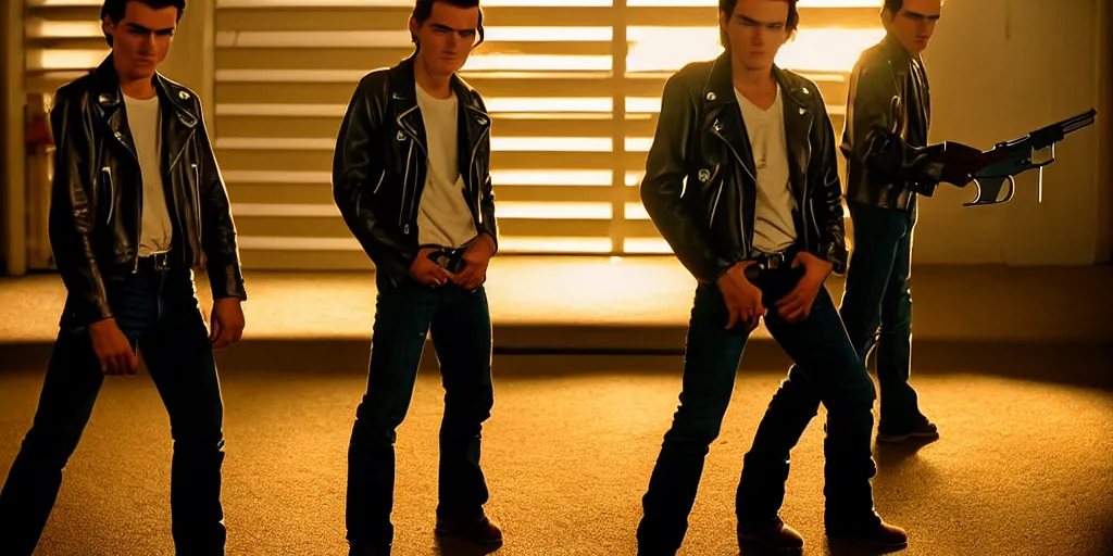 Image similar to the sunset's light beams through a window, tommy 1 8 years old, shoots revolvers with his brother rickey who is a tough 2 6 year old male, leather jackets, action pose, medium close up shot, depth of field, sharp focus, waist up, movie scene, anamorphic, costume art direction style from the movie the outsiders