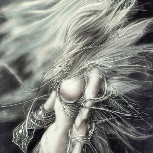 Image similar to yoshitaka amano blurred and dreamy illustration of an anime girl with black eyes, wavy white hair fluttering in the wind wearing elden ring armor and engraving, abstract black and white patterns on the background, noisy film grain effect, highly detailed, renaissance oil painting, weird portrait angle, blurred lost edges, three quarter view