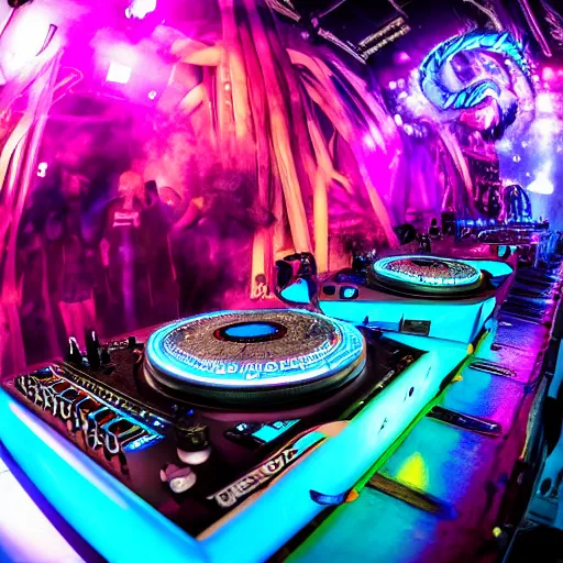 Prompt: award winning photo of an octopus! as a dj with tentacles! simultaneously placed turntables cdjs and knobs of a pioneer dj mixer. sharp, blue and fuschia colorful lighting, in front of a large crowd, studio, medium format, 8 k detail, volumetric lighting, wide angle, at an outdoor psytrance festival main stage at night