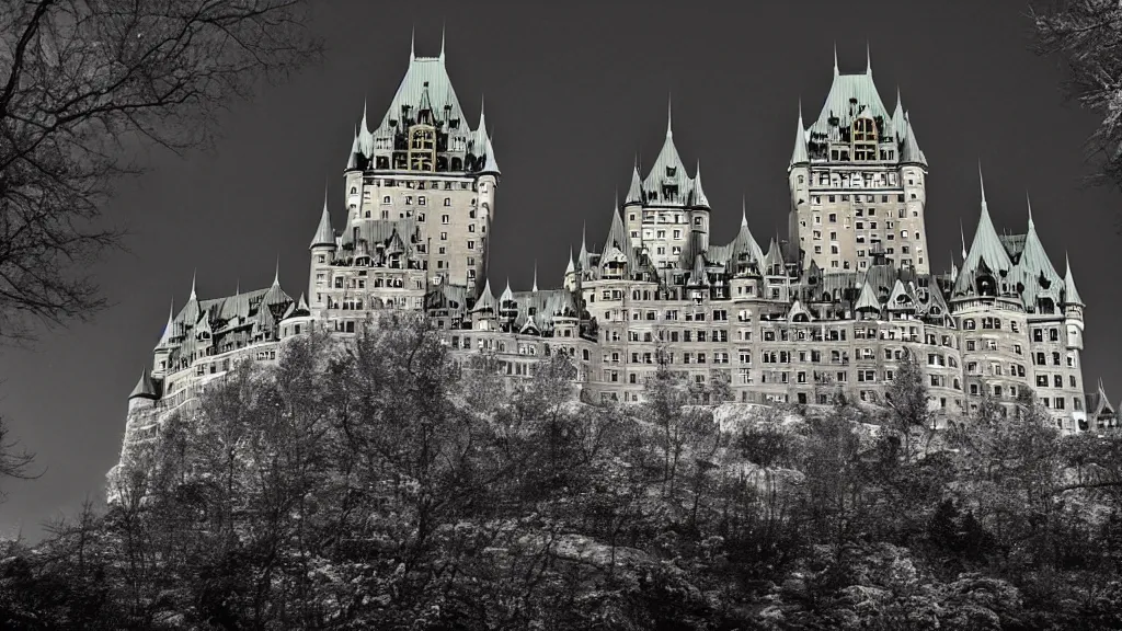 Image similar to Quebec Chateau Frontenac Castle in the style of Scary Stories to tell in the Dark