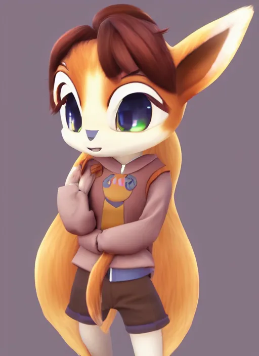 Prompt: female eevee mini cute style, character adoptable, highly detailed, rendered, ray - tracing, cgi animated, 3 d demo reel avatar, style of maple story and zootopia, maple story eevee, fluffy, dark skin, cool clothes, soft shade, soft lighting