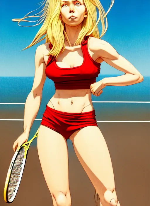 Image similar to , a gorgeous hulking beast of a woman with very long hip-length blonde hair, happy sunny day, wearing a cut-off white top and red dirt cut-off shorts standing by the water, beach tennis, modern architecture, in the style of artgerm and moebius and annie liebovitz, marvel comics, photorealistic, highly detailed, trending on artstation, Gediminas Pranckevicius