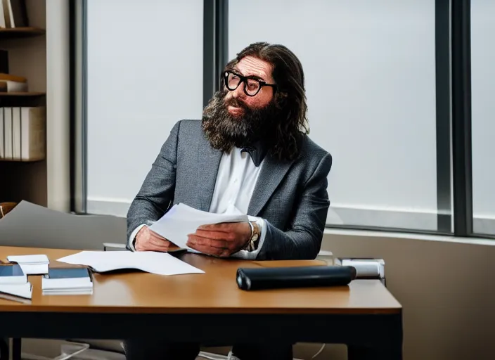 Prompt: photo of a real caveman in a suit and glasses, reading a document at a desk in an office. Highly detailed 8k. Intricate. Sony a7r iv 55mm. Award winning.