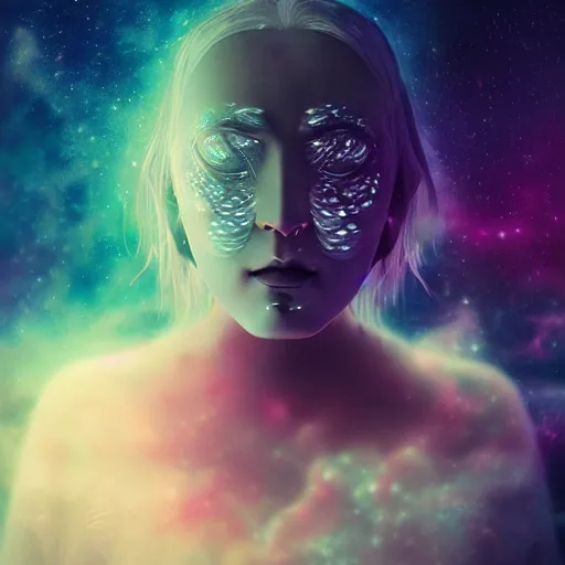 Image similar to galaxy, character, 3 d godess, fractal japanese mask, art by beeple, cloud, volumetric, dreamy, nebula background, portrait, close up, cinematic, super fine detailed, detailing