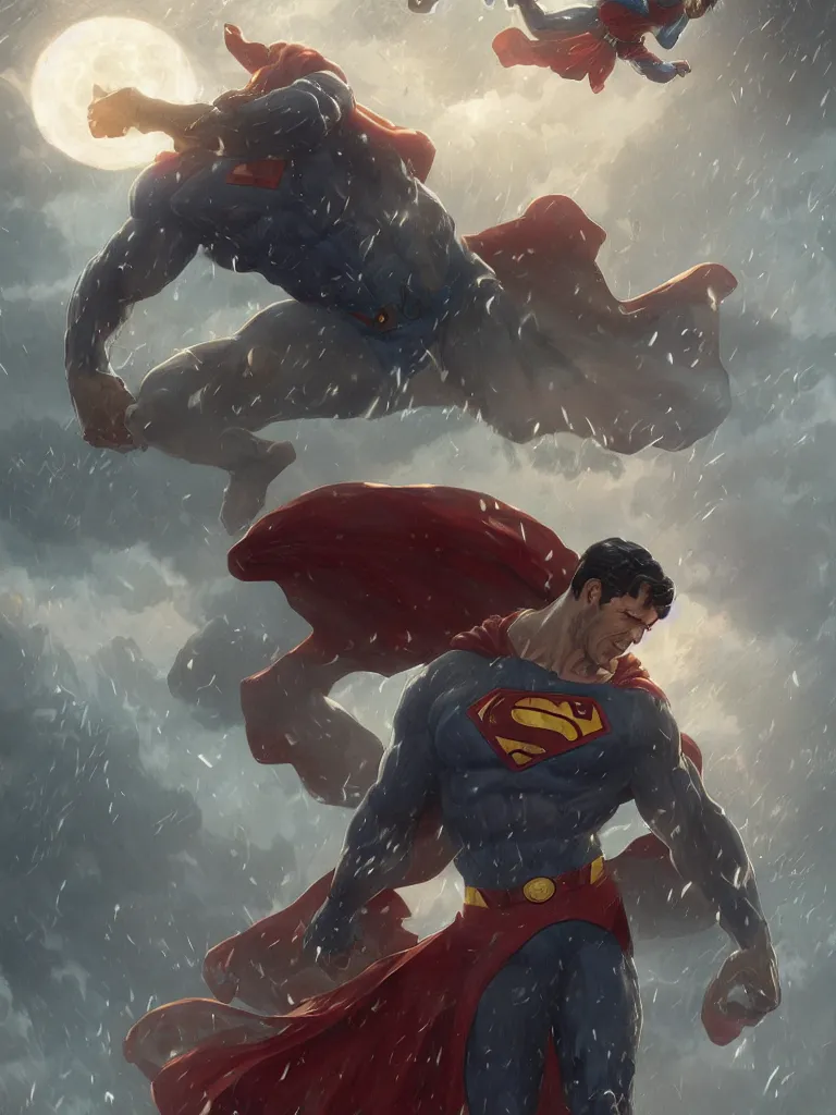 Image similar to giant superman attacking during a blizzard, highly detailed, digital illustration, artstation, concept art, matte, sharp focus, illustration, dramatic, full moon, art by artgerm and greg rutkowski and alphonse mucha